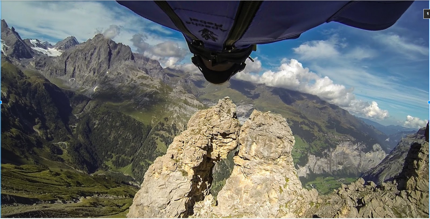 Wingsuit pilot Uli Emanuele is about to fly through a 2 ½ Meter Cave Wingsuit pilot flying towards a narrow cave
