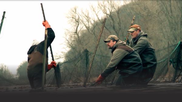 Three crew members pull in a net.