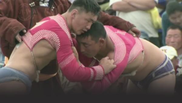 Two men competing in Bökh - Mongolian wrestling