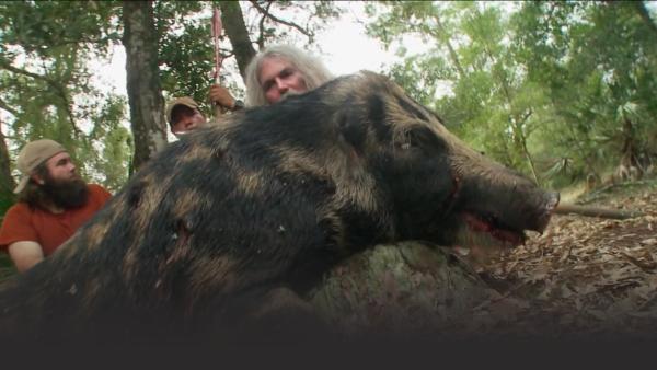 Three hunters pose with a wild boar